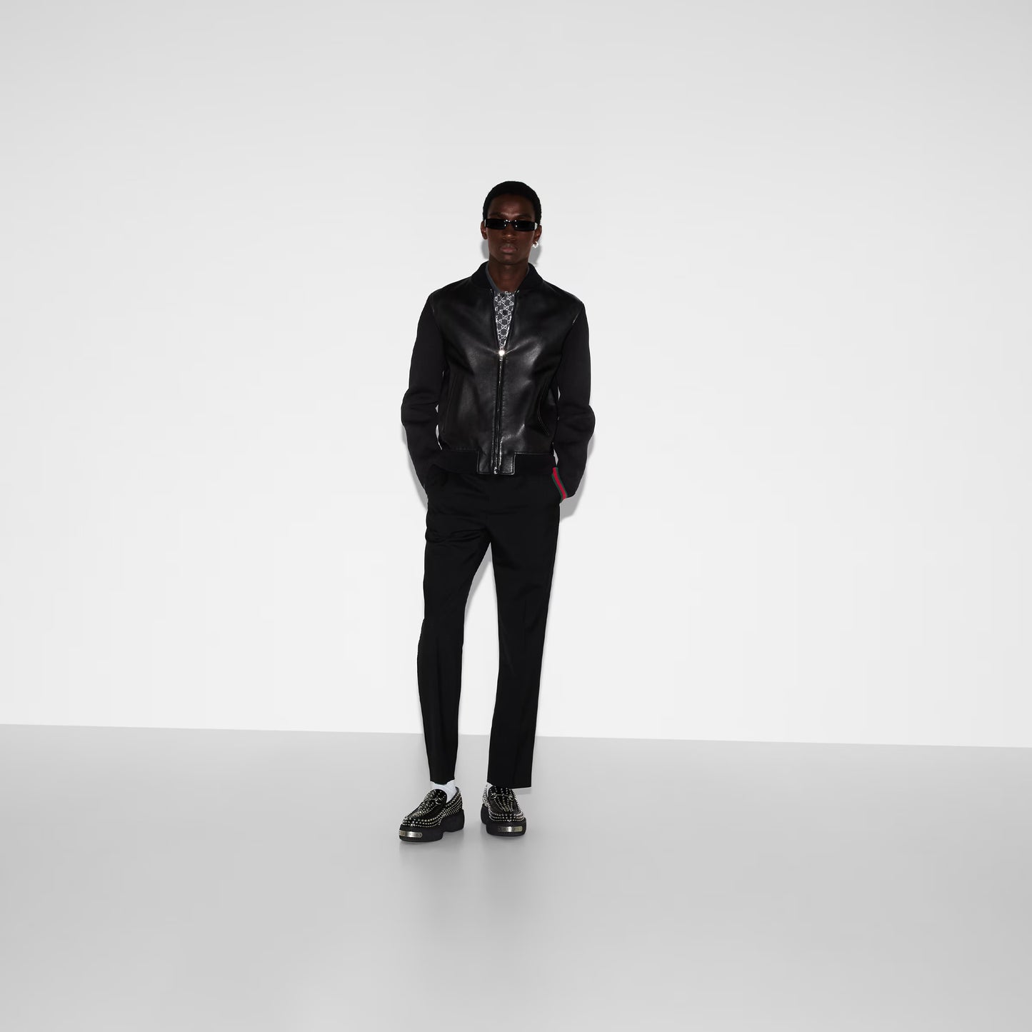 Blouson aviateur en maille et cuir nappa