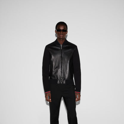 Blouson aviateur en maille et cuir nappa