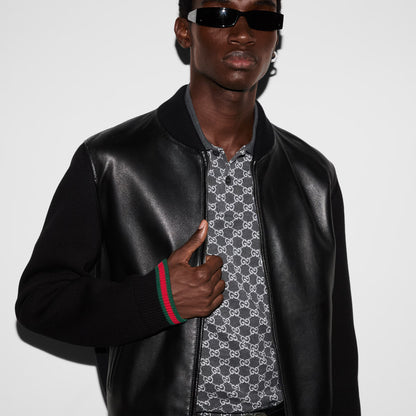 Blouson aviateur en maille et cuir nappa