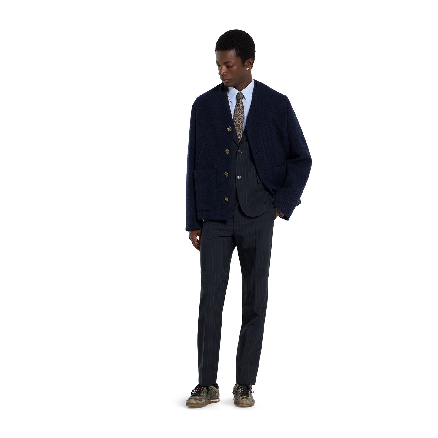 Veste en laine à fines rayures à simple boutonnage